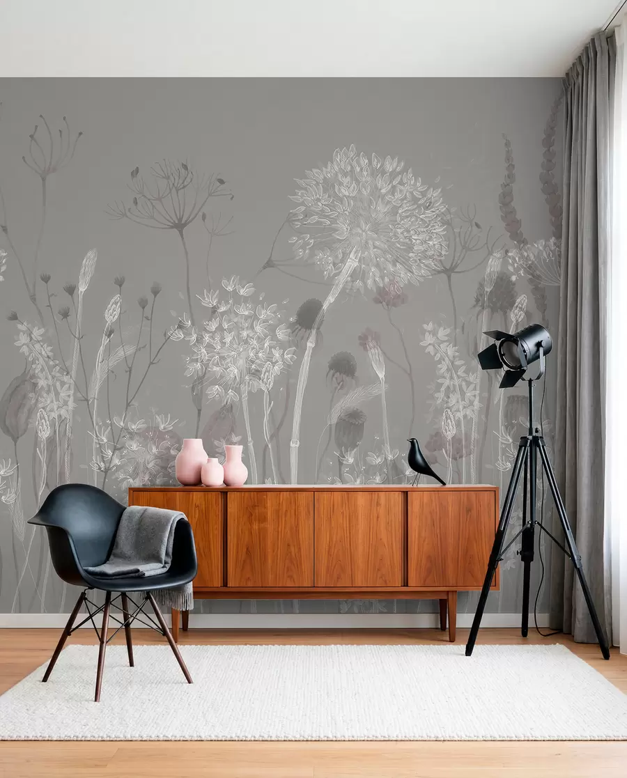 Fotobehang Luchtige paardenbloemen en wilde bloemen in aquarelstijl in blauwgrijze tinten w08637v3