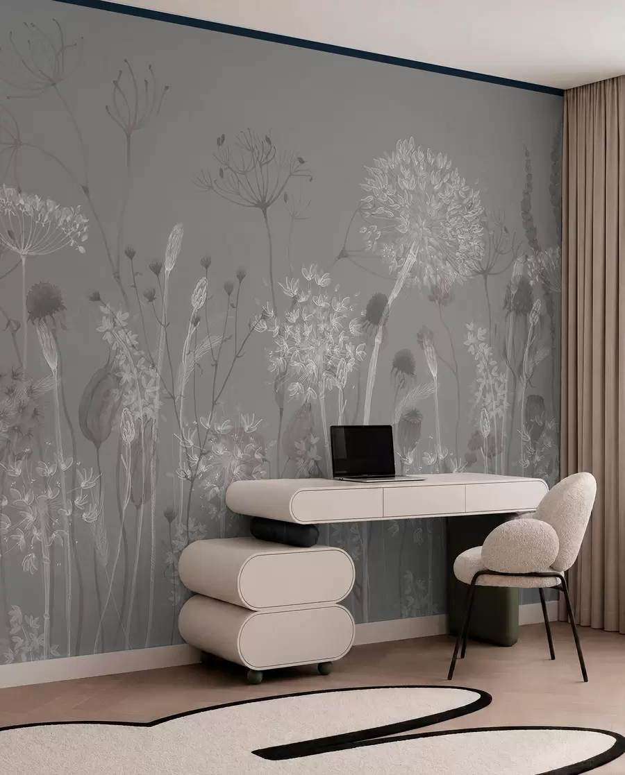 Fotobehang Luchtige paardenbloemen en wilde bloemen in aquarelstijl in blauwgrijze tinten w08637v3