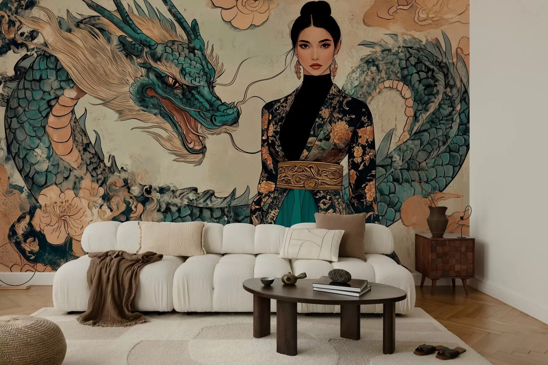 Papier peint photo Femme en robe avec un dragon, style oriental w02875