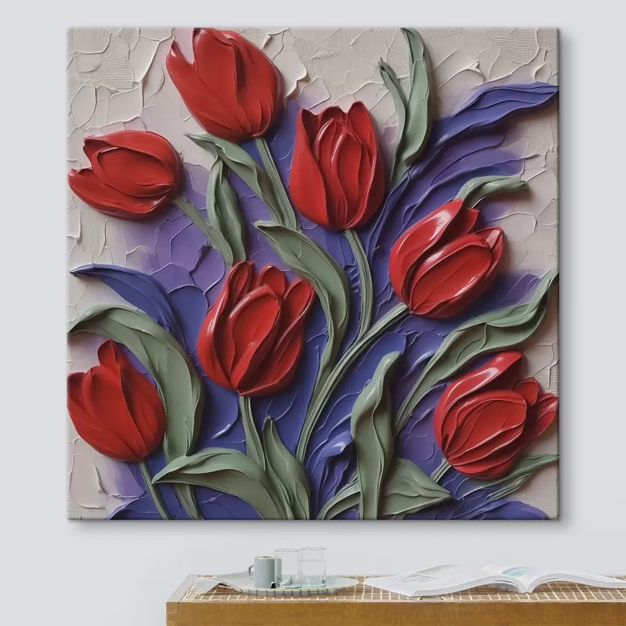  Schilderijen Rode tulpen op paarse imitatiepenseelstreken s42584