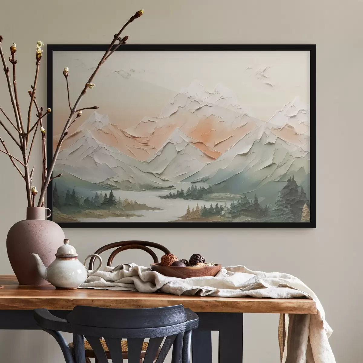 Poster Bergen bij de rivier imitatie van penseelstreken f42589