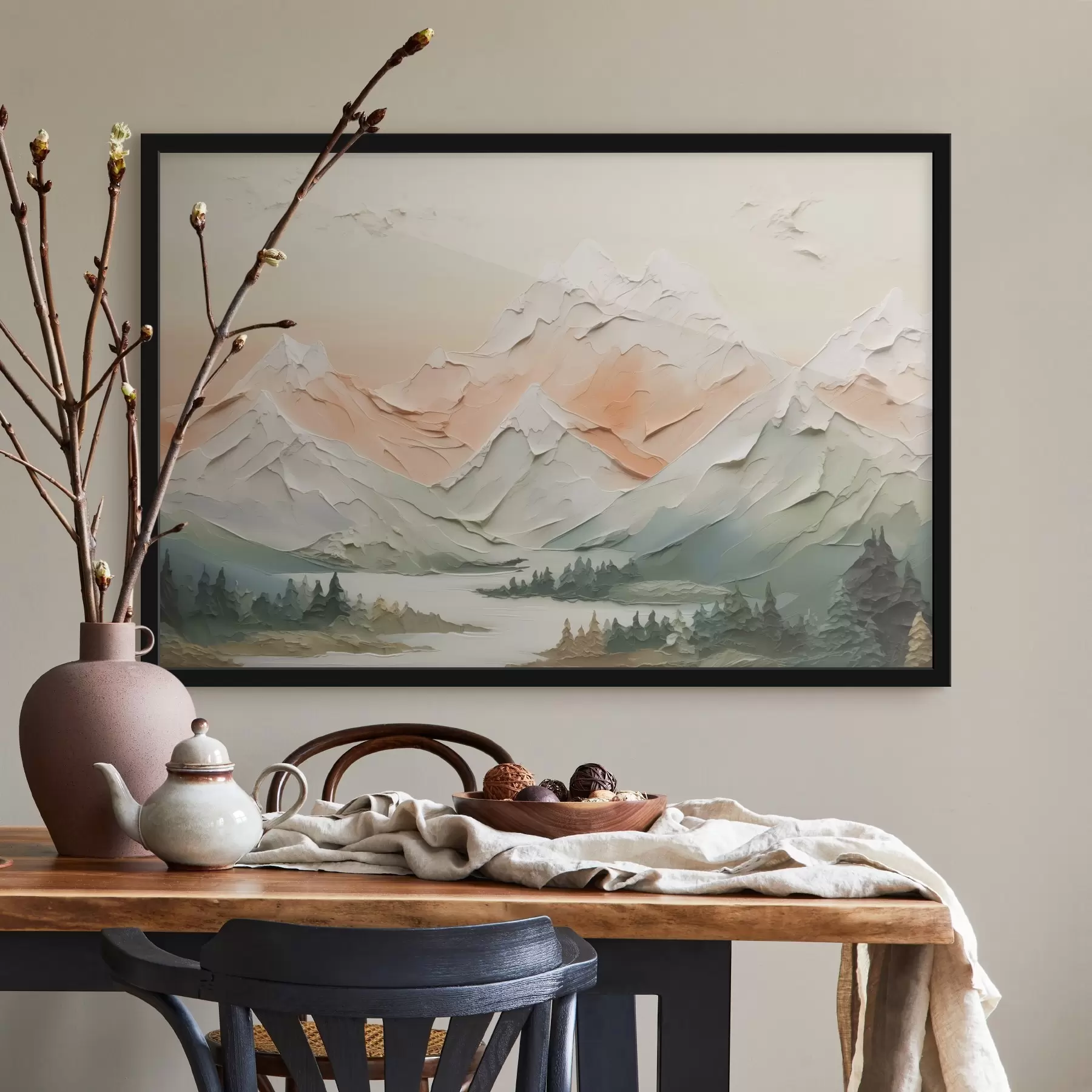 Fotobehang Bergen bij de rivier imitatie van penseelstreken f42589