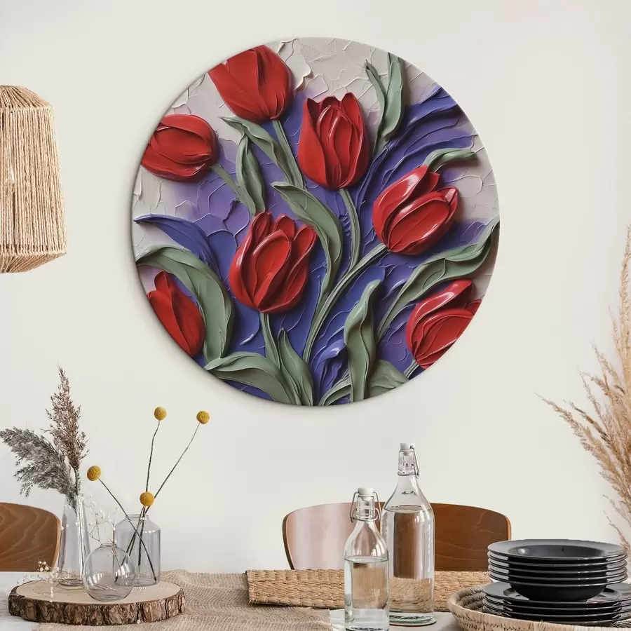  Schilderijen Rode tulpen op paarse imitatiepenseelstreken r42584