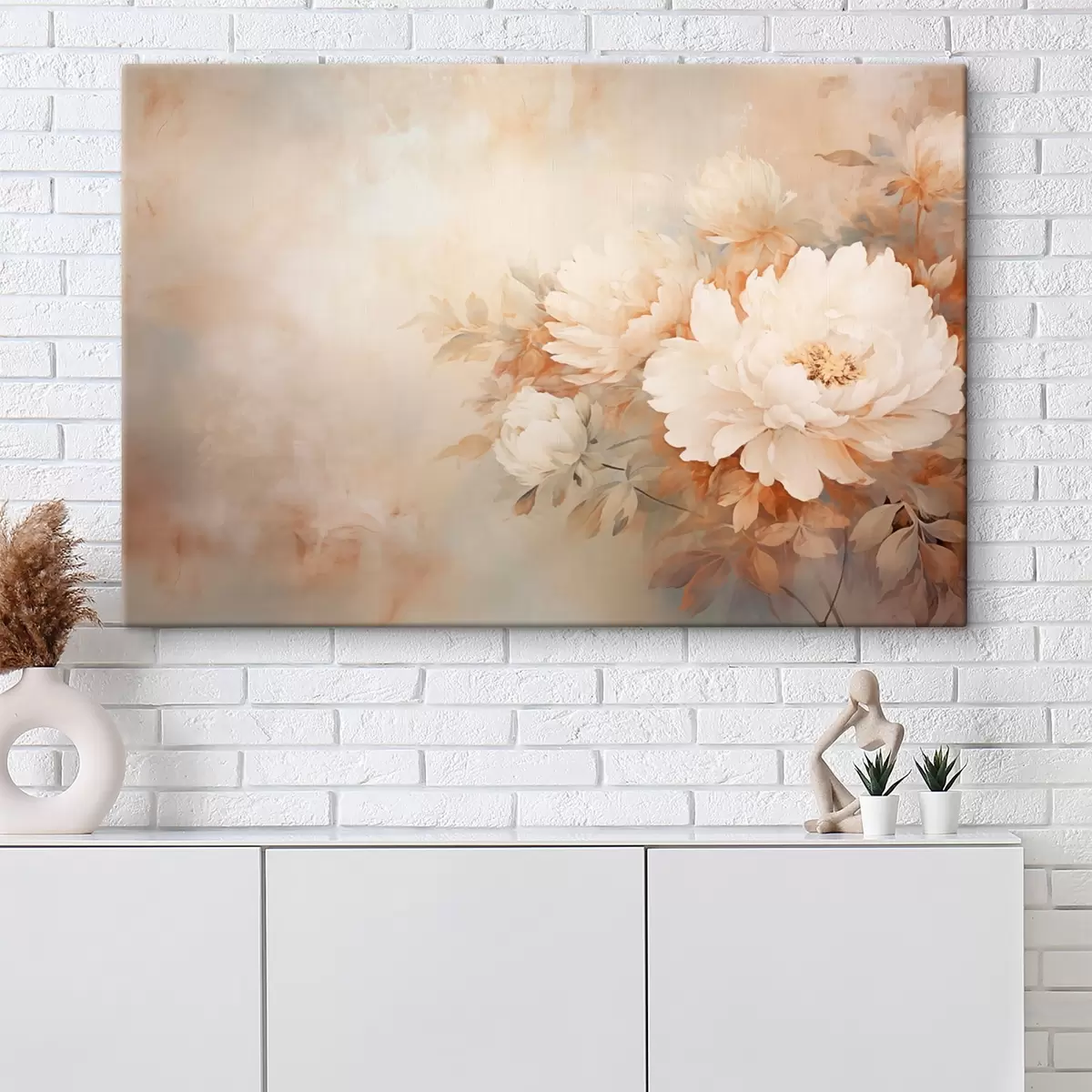  Peintures De délicates pivoines dans des tons crème pastel sur un fond flou, créant une ambiance douce et romantique. s42558