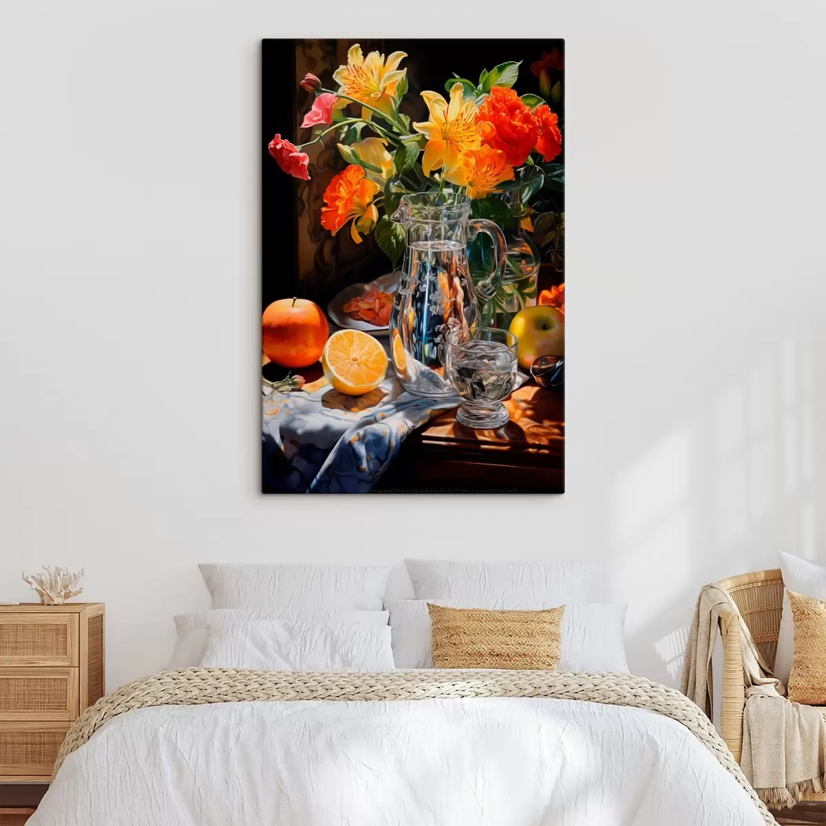  Peintures Nature morte avec un bouquet de fleurs lumineuses dans les tons jaune et rouge, une cruche en verre, des agrumes et des pommes sur une table illuminée. s42560