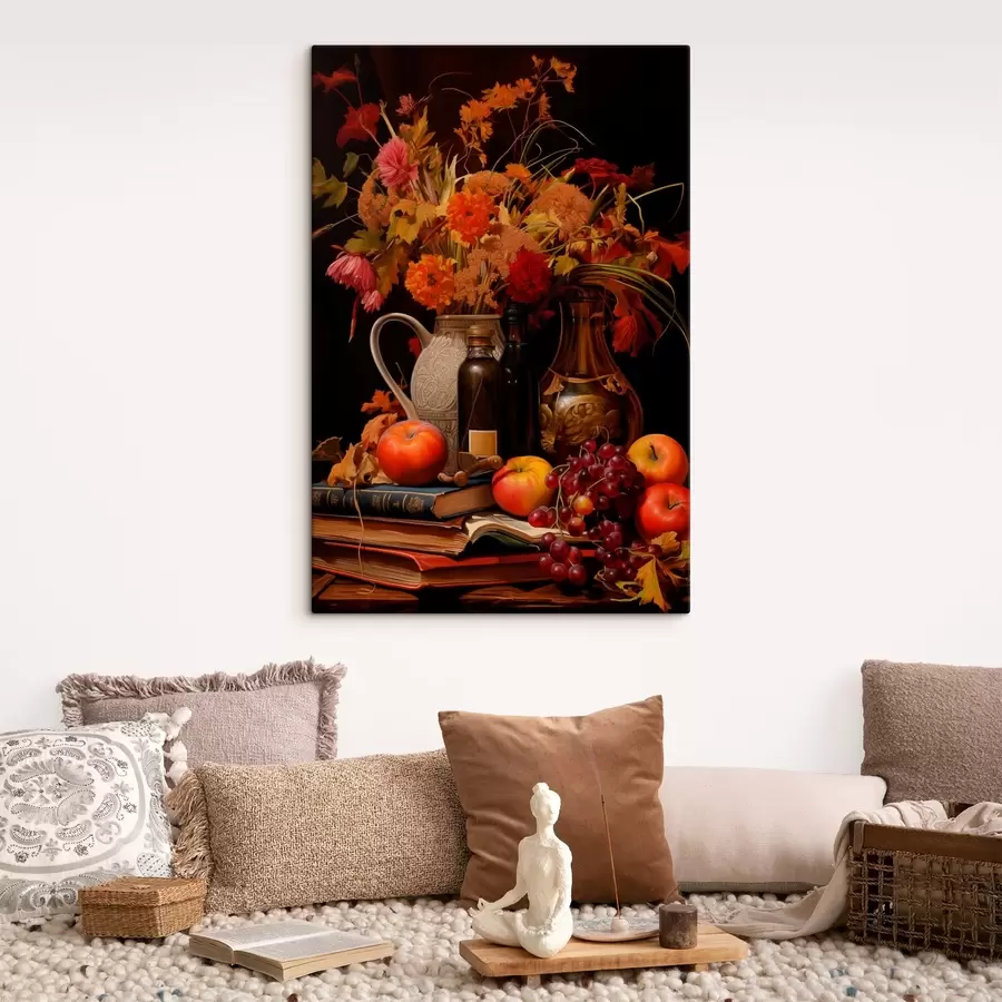  Peintures Nature morte d'automne avec un bouquet dans des tons chauds d'orange et de rouge, des pommes, des raisins, des livres et des plats en céramique sur un fond sombre. s42561