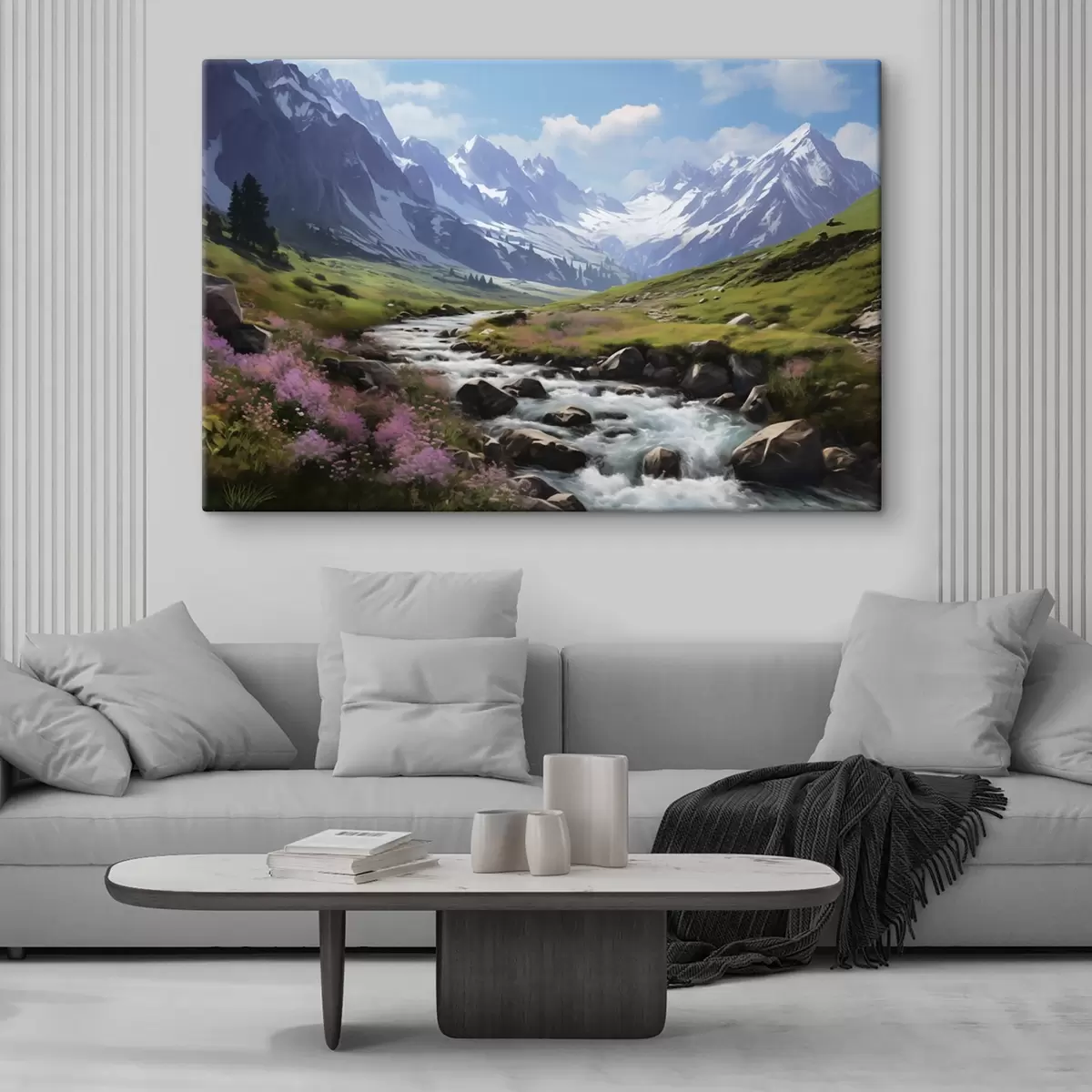  Peintures Un paysage de montagne avec un ruisseau qui coule, des prairies en fleurs et des sommets enneigés à l'horizon sous un ciel d'un bleu éclatant. s42563