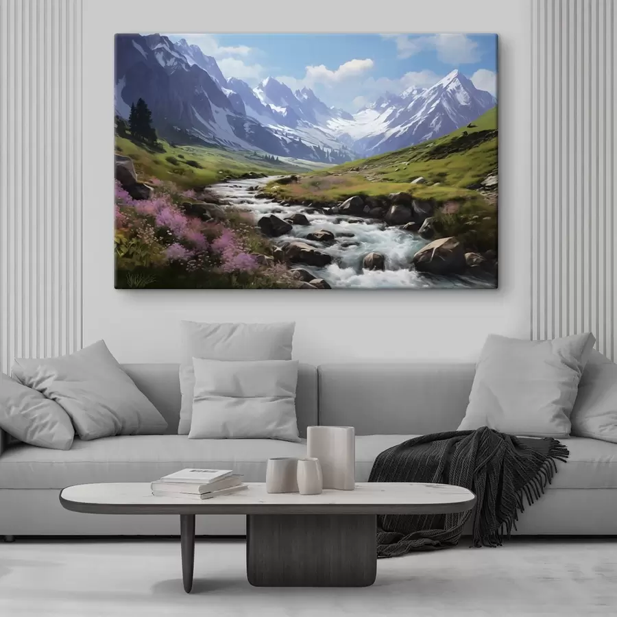  Schilderijen Een berglandschap met een kabbelend beekje, bloeiende weiden en besneeuwde toppen aan de horizon onder een helderblauwe hemel. s42563