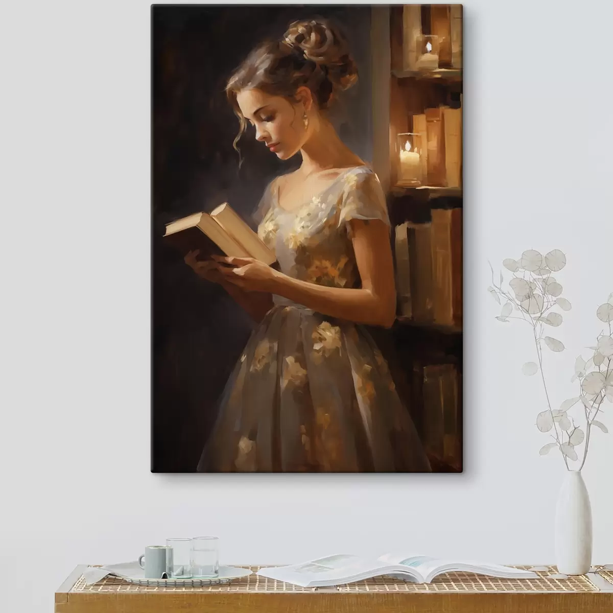  Schilderijen Een jonge vrouw in een elegante jurk leest een boek in sfeervolle verlichting, omringd door boekenplanken en de zachte gloed van kaarsen. s42570