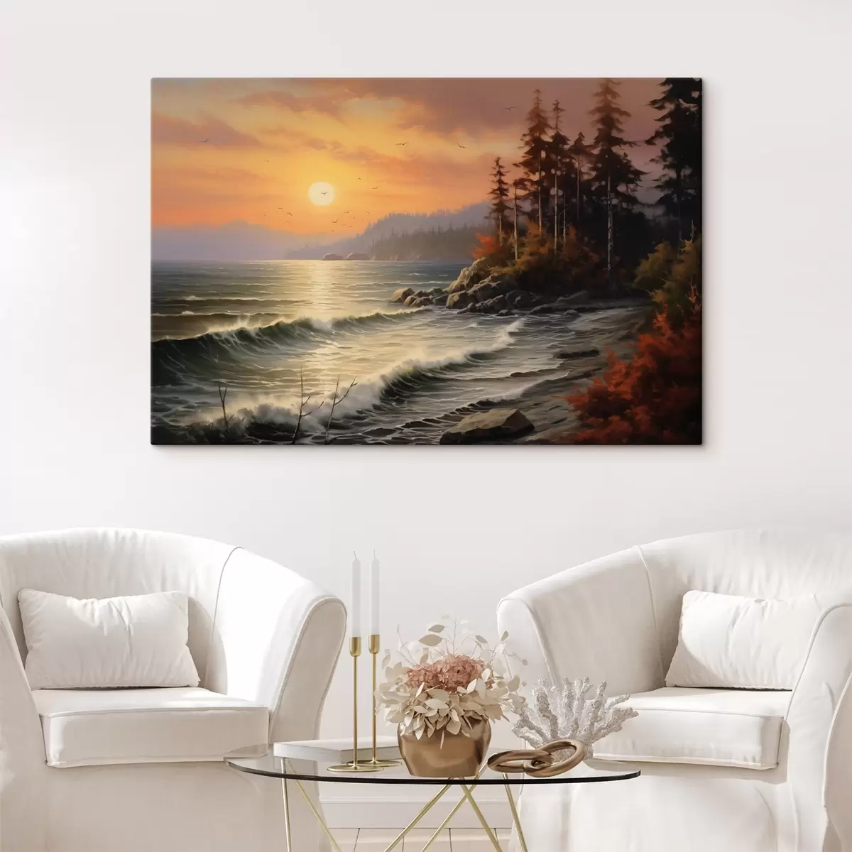  Schilderijen Een zonsondergang aan zee met golven, een dennenbos en herfstkleuren op de voorgrond. s42571