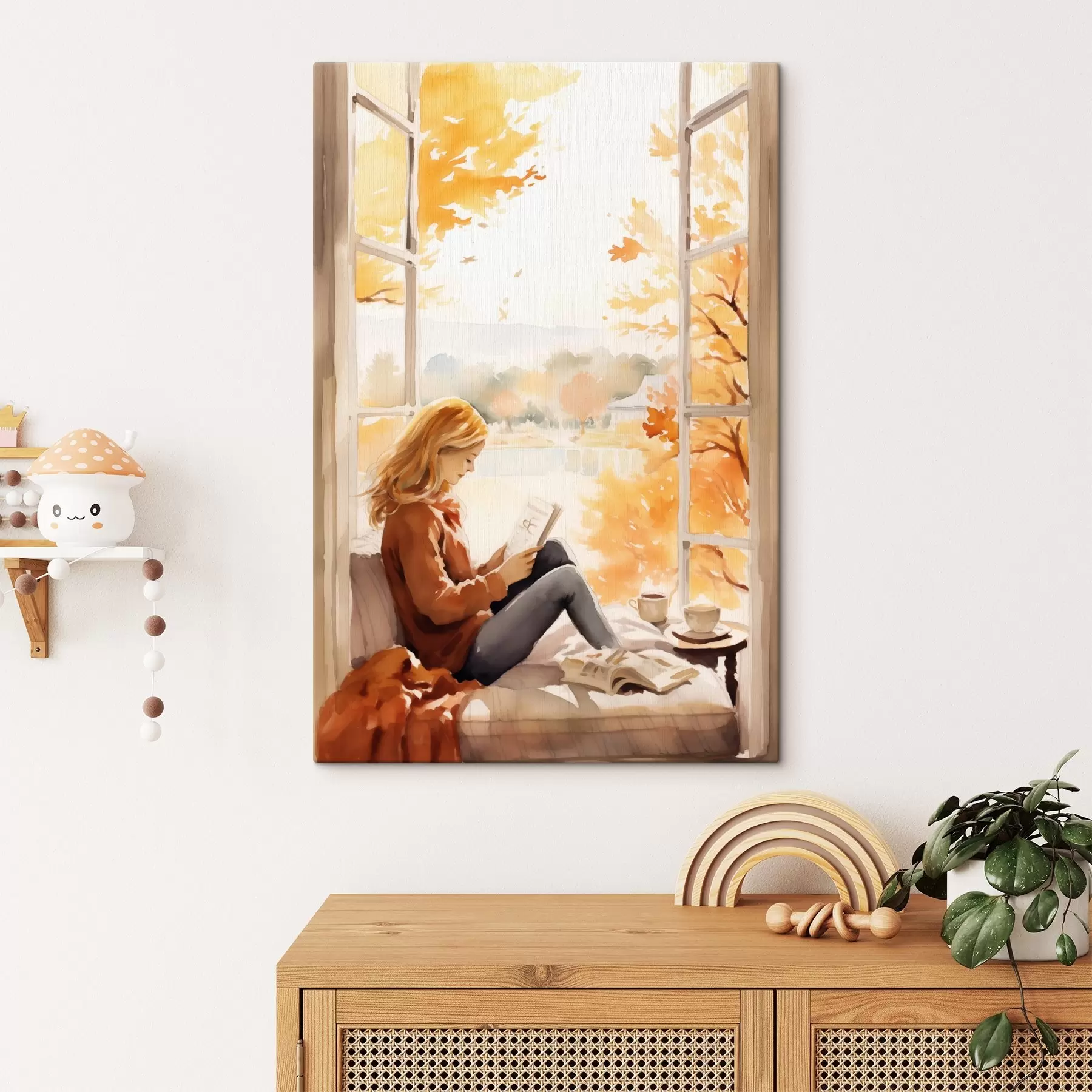 Papier peint photo Une jeune fille lit un livre près d'une fenêtre ouverte dans un décor automnal, avec des arbres clairs en arrière-plan et une tasse de thé à proximité. s42572