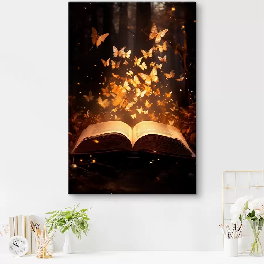  Schilderijen Een open boek waaruit lichtgevende vlinders tevoorschijn komen, stralend in lichtstralen in een donker, magisch bos. s42573