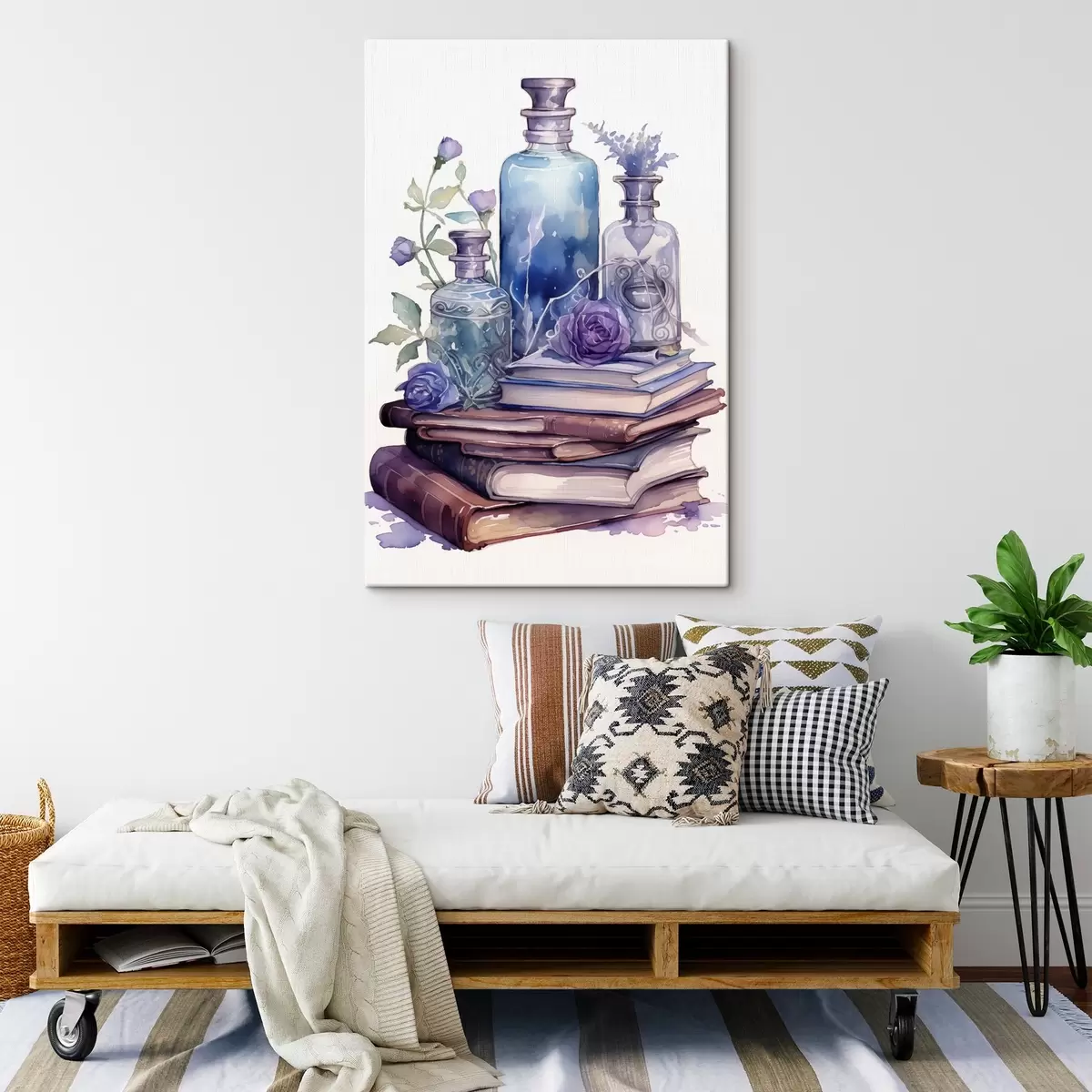 Schilderijen Een stilleven met vintage boeken, glazen flessen in blauwpaarse tinten en decoratieve bloemen. s42574