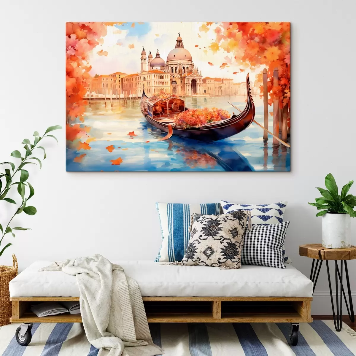  Schilderijen Een herfstgezicht op Venetië met een gondel omringd door fel oranje en rode bladeren, met weerspiegelingen van gebouwen in het kalme kanaalwater. s42576