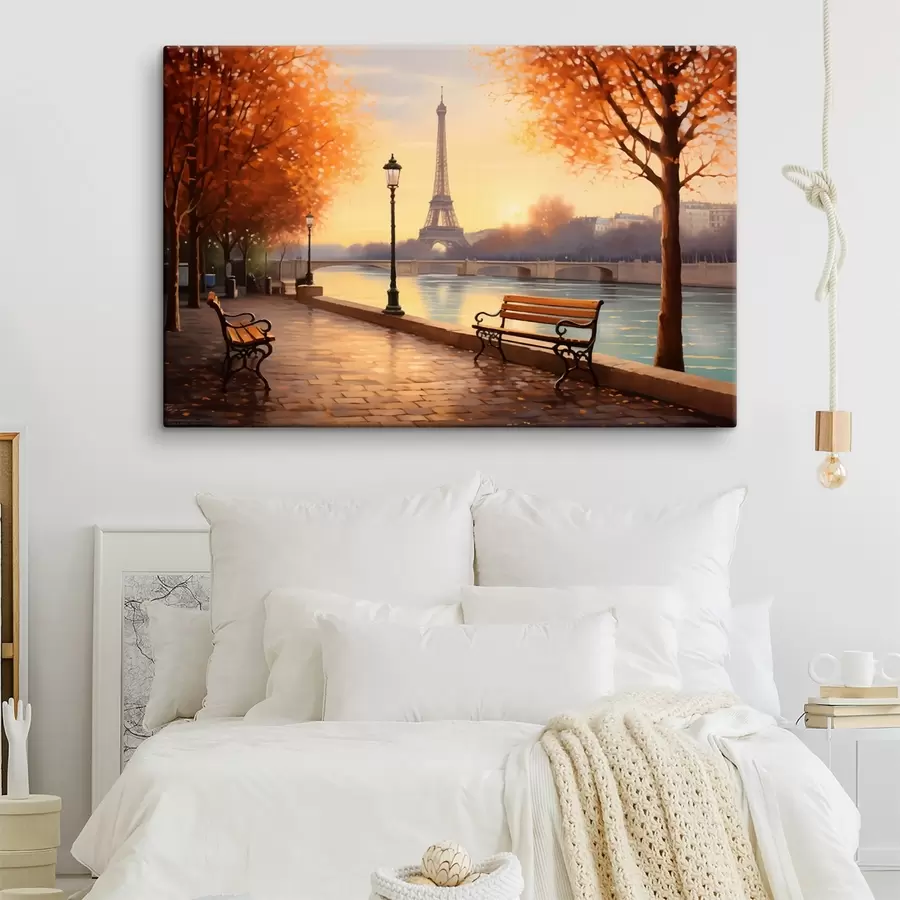  Peintures L'automne à Paris avec vue sur la tour Eiffel, les berges de la Seine recouvertes de feuilles, les bancs et les lampadaires qui ajoutent une touche romantique. s42577