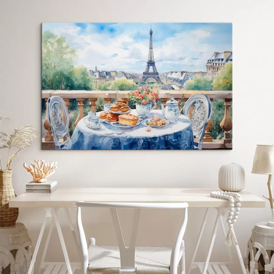  Peintures Une vue romantique de la Tour Eiffel depuis un balcon avec une table garnie de desserts, de thé et de fleurs dans une ambiance estivale. s42579
