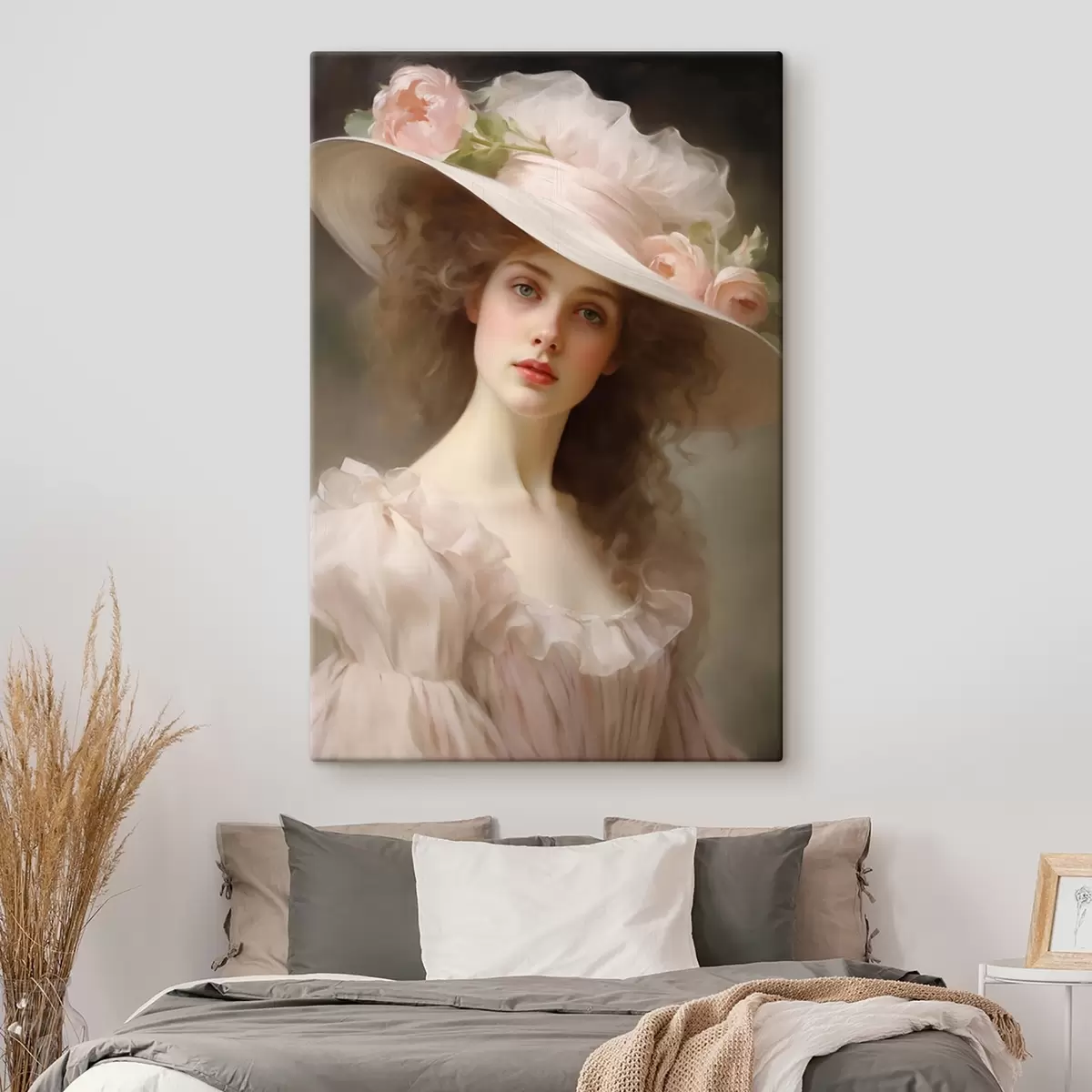  Peintures Portrait d'une jeune femme vêtue d'une délicate robe rose et d'un chapeau orné de fleurs, à l'expression romantique et raffinée. s42581