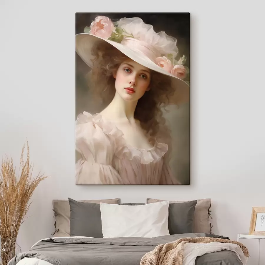  Peintures Portrait d'une jeune femme vêtue d'une délicate robe rose et d'un chapeau orné de fleurs, à l'expression romantique et raffinée. s42581