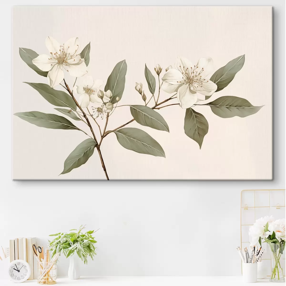  Peintures Une branche délicate avec des fleurs blanches et des feuilles vertes sur un fond clair, avec des détails doux et un style élégant. s42583