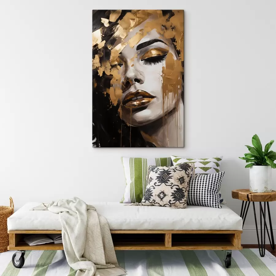  Peintures Portrait abstrait d'une femme avec de riches coups de pinceau dans des tons chauds, créant une image vibrante et dramatique. s42619