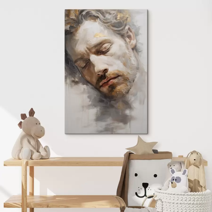  Schilderijen Een abstract portret van een man met gesloten ogen, weergegeven in zachte warme tinten met vloeiende penseelstreken die een gevoel van rust oproepen. s42621