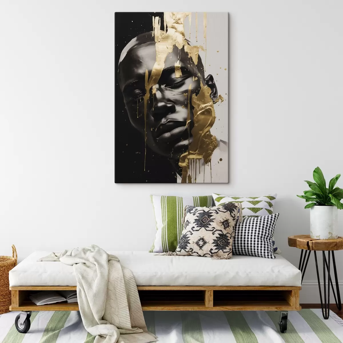  Peintures Portrait abstrait d'un homme dans des tons doux de noir et blanc, soulignés par des coups de pinceau de couleurs chaudes et vives qui créent un effet dynamique. s42623