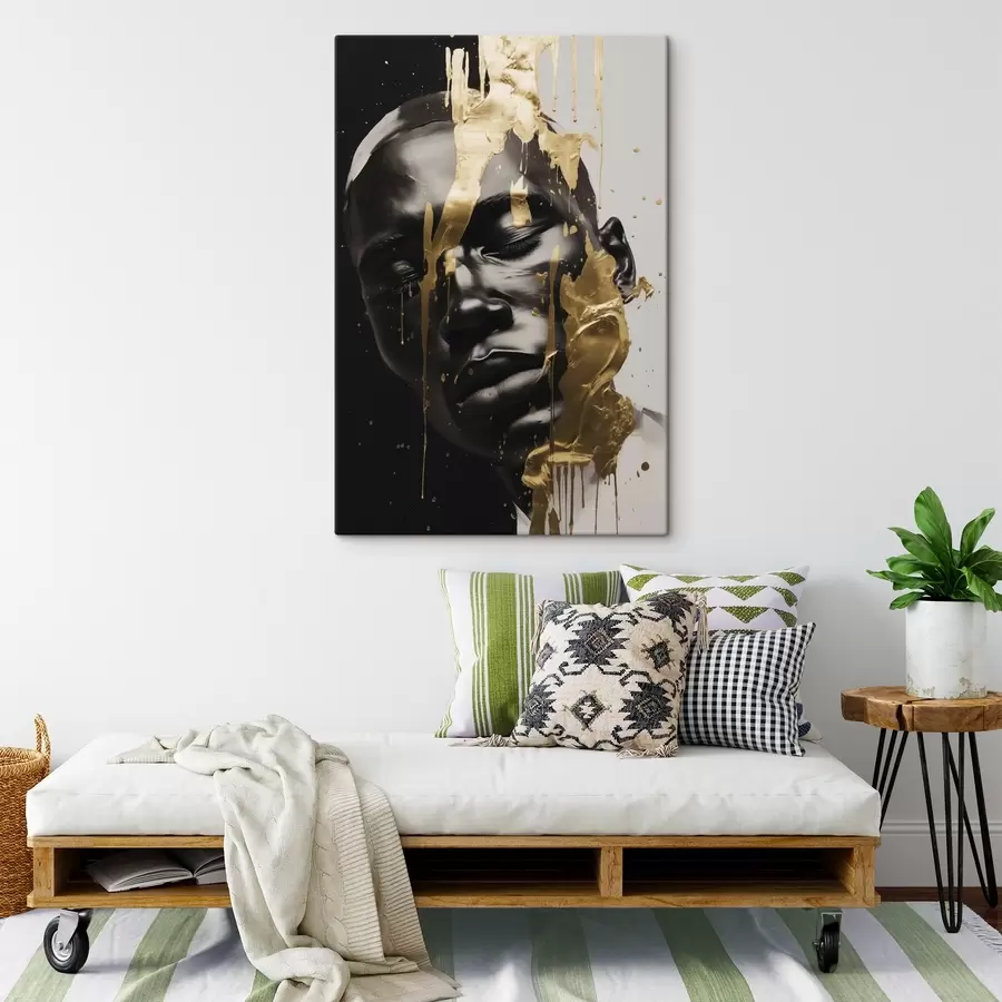  Peintures Portrait abstrait d'un homme dans des tons doux de noir et blanc, soulignés par des coups de pinceau de couleurs chaudes et vives qui créent un effet dynamique. s42623