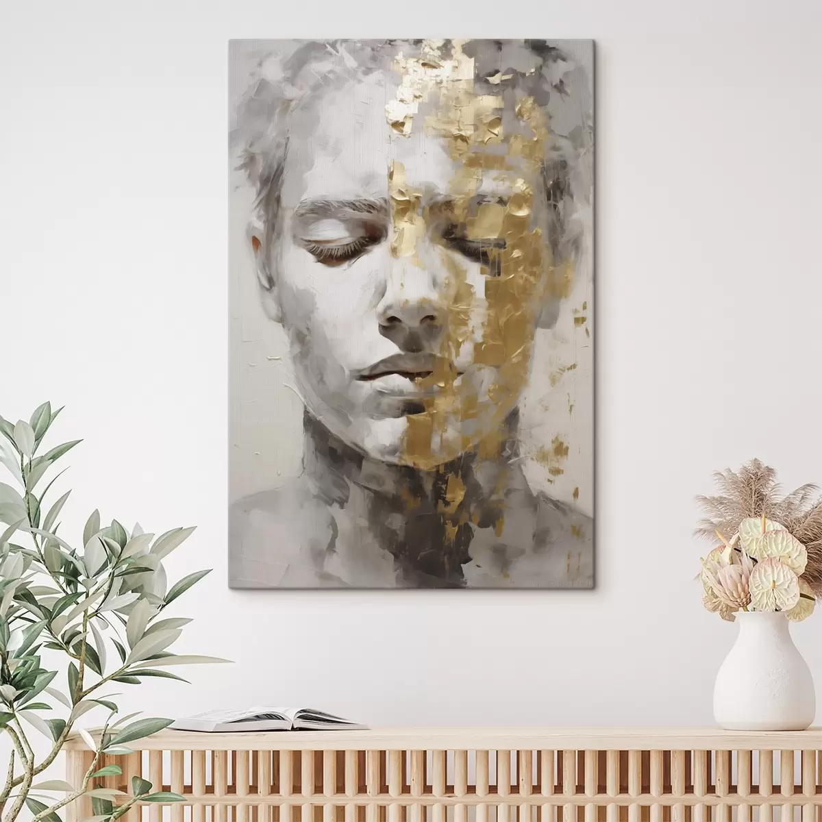  Peintures Un portrait abstrait aux yeux fermés, rendu dans des tons clairs avec des coups de pinceau contrastés aux couleurs chaudes qui créent une ambiance profonde et méditative. s42624