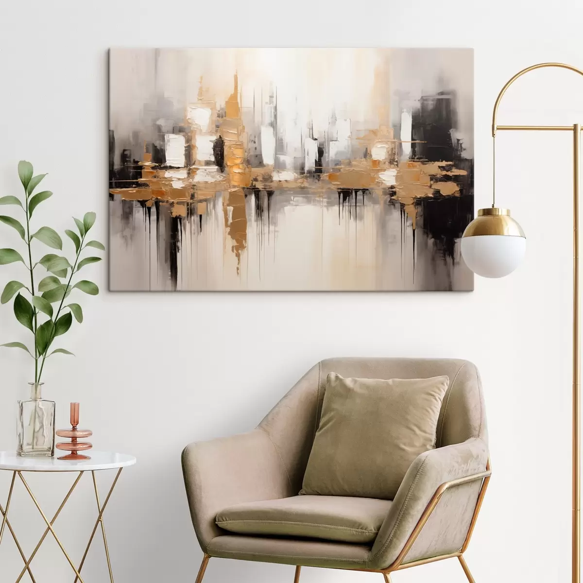  Peintures Un paysage urbain abstrait avec des reflets de bâtiments dans l'eau, créé dans des tons neutres avec des accents de tons chauds. s42628