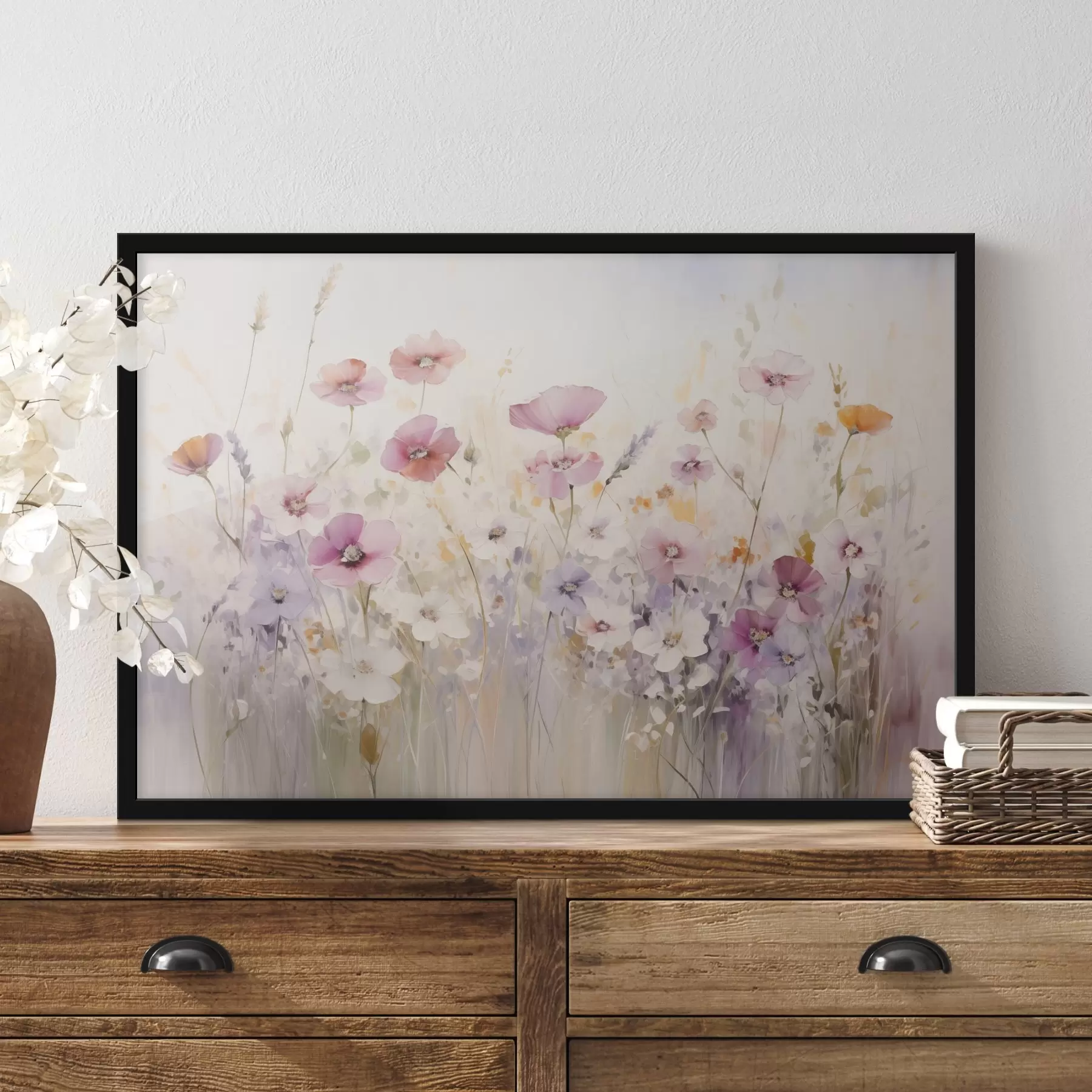 Fotobehang Een weide met aquarelbloemen in delicate roze, paarse en witte tinten, die een sfeer van lichtheid en harmonie creëren. f42557