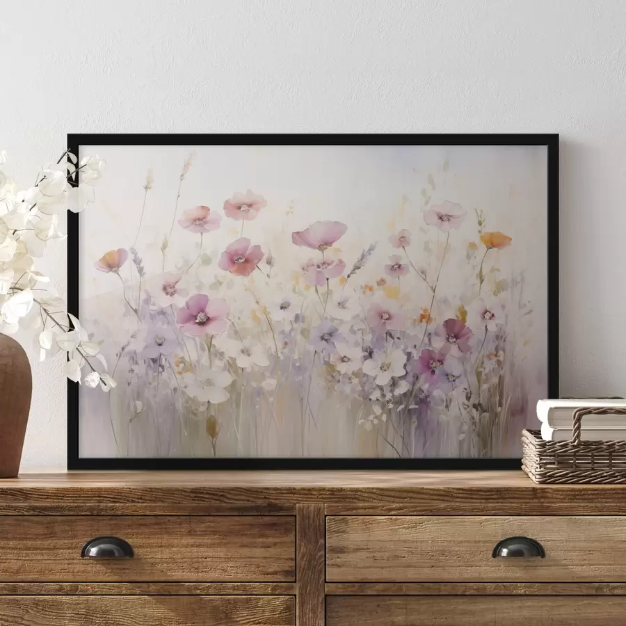 Papier peint photo Une prairie avec des fleurs à l'aquarelle dans des tons délicats de rose, de violet et de blanc, créant une atmosphère de légèreté et d'harmonie. f42557