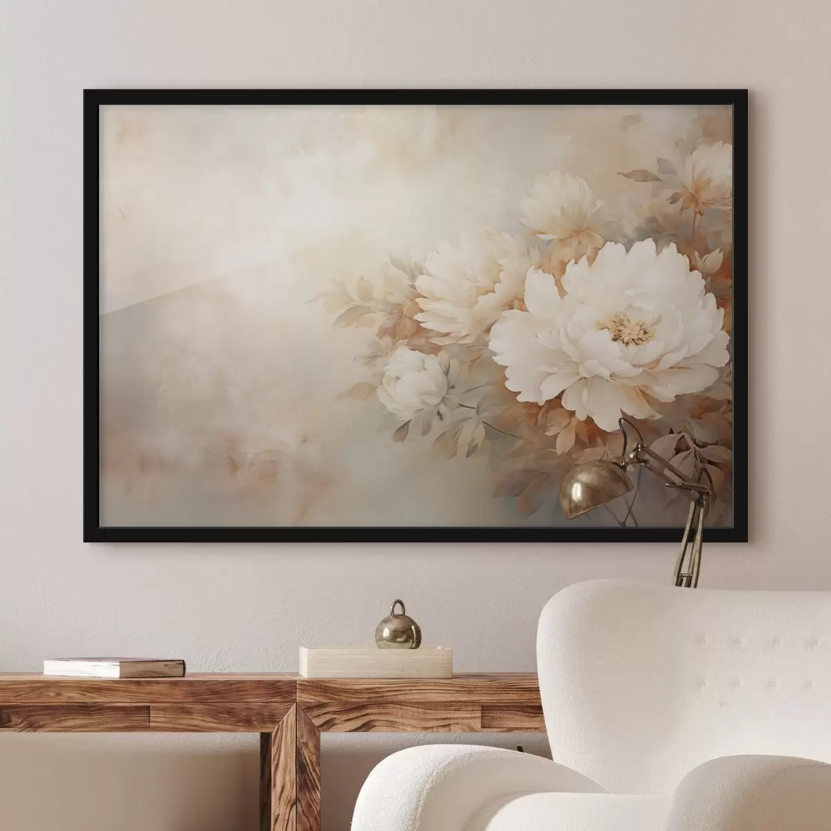 Poster Delicate pioenrozen in pastelkleurige crèmetinten op een onscherpe achtergrond, die een zachte en romantische sfeer creëert. f42558