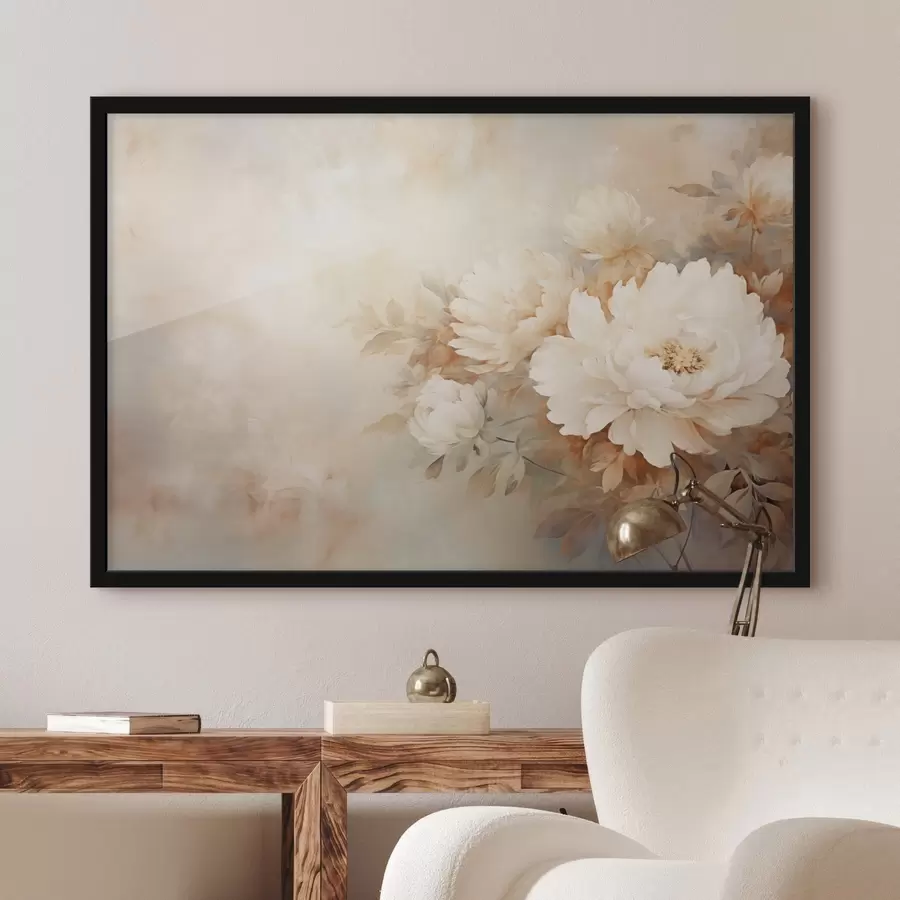 Fotobehang Delicate pioenrozen in pastelkleurige crèmetinten op een onscherpe achtergrond, die een zachte en romantische sfeer creëert. f42558