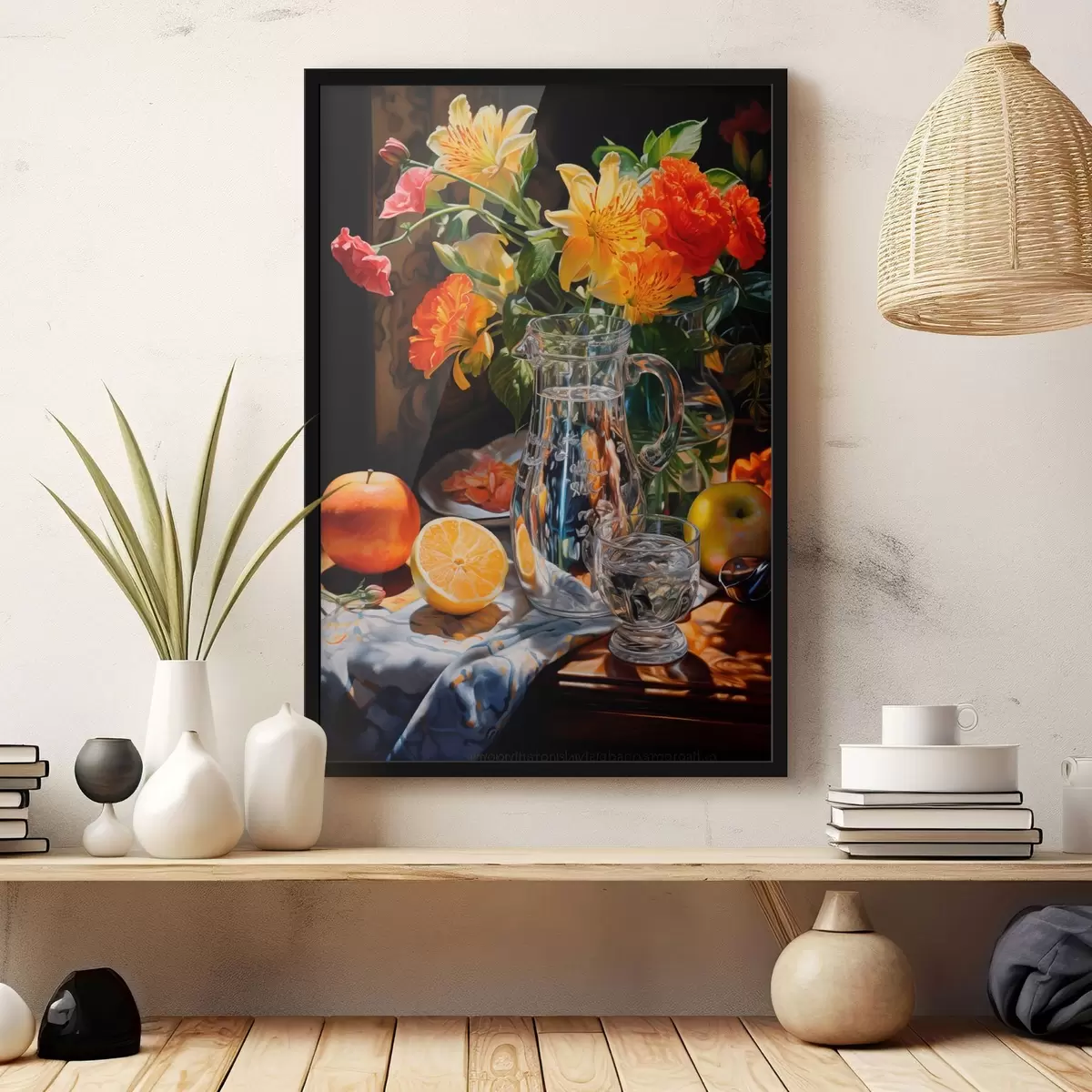 Poster Een stilleven met een boeket heldere bloemen in gele en rode tinten, een glazen kan, citrusvruchten en appels op een verlichte tafel. f42560