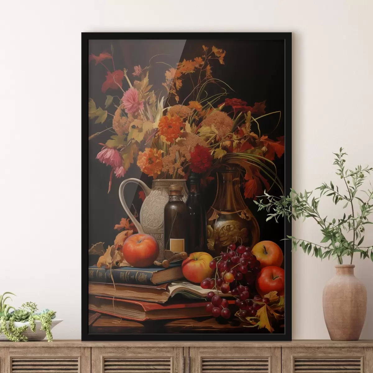 Affiche Nature morte d'automne avec un bouquet dans des tons chauds d'orange et de rouge, des pommes, des raisins, des livres et des plats en céramique sur un fond sombre. f42561