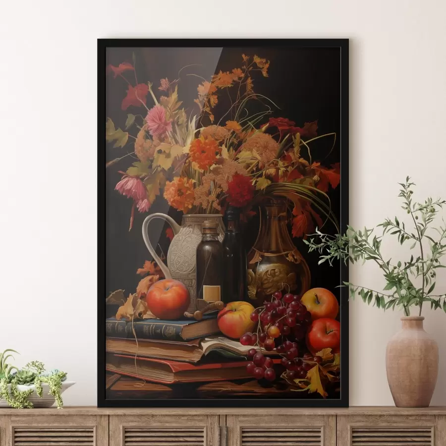 Fotobehang Een herfststilleven met een boeket in warme oranje en rode tinten, appels, druiven, boeken en keramisch servies op een donkere achtergrond. f42561