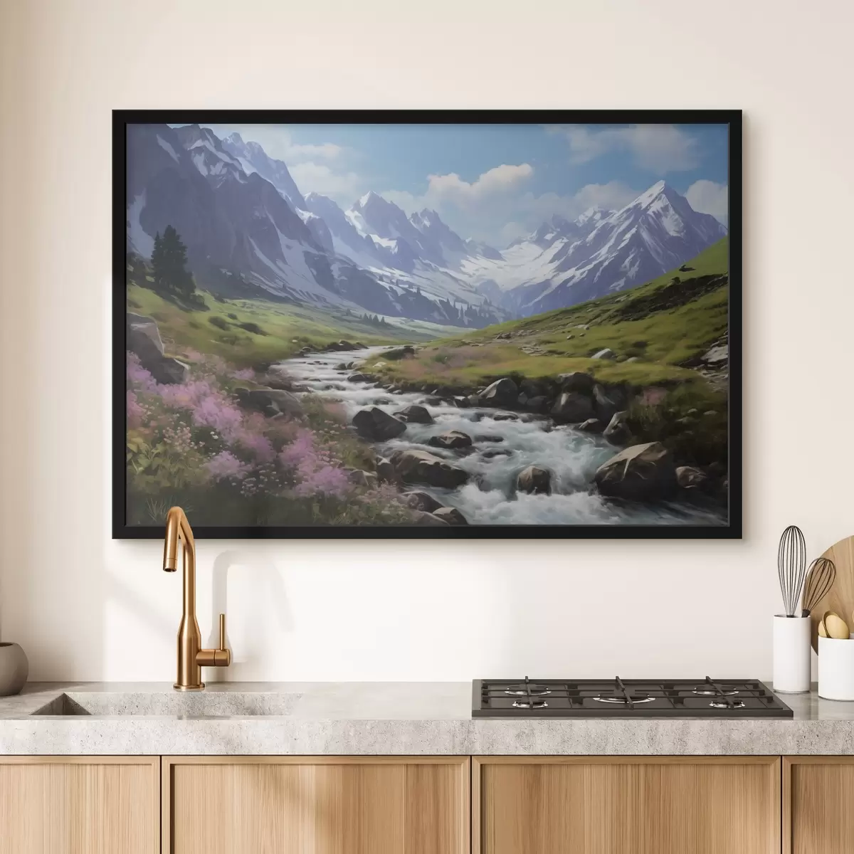 Affiche Un paysage de montagne avec un ruisseau qui coule, des prairies en fleurs et des sommets enneigés à l'horizon sous un ciel d'un bleu éclatant. f42563