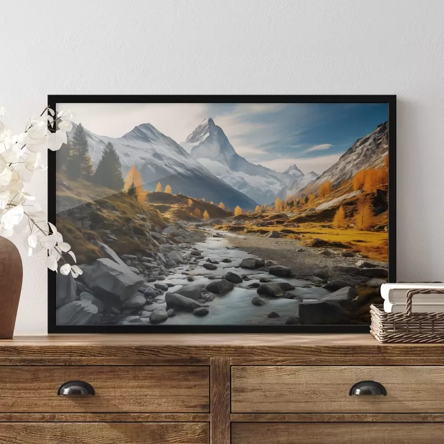 Fotobehang Herfstberglandschap met een snelstromende rivier, bomen en een majestueuze bergtop tegen een heldere hemel. f42564