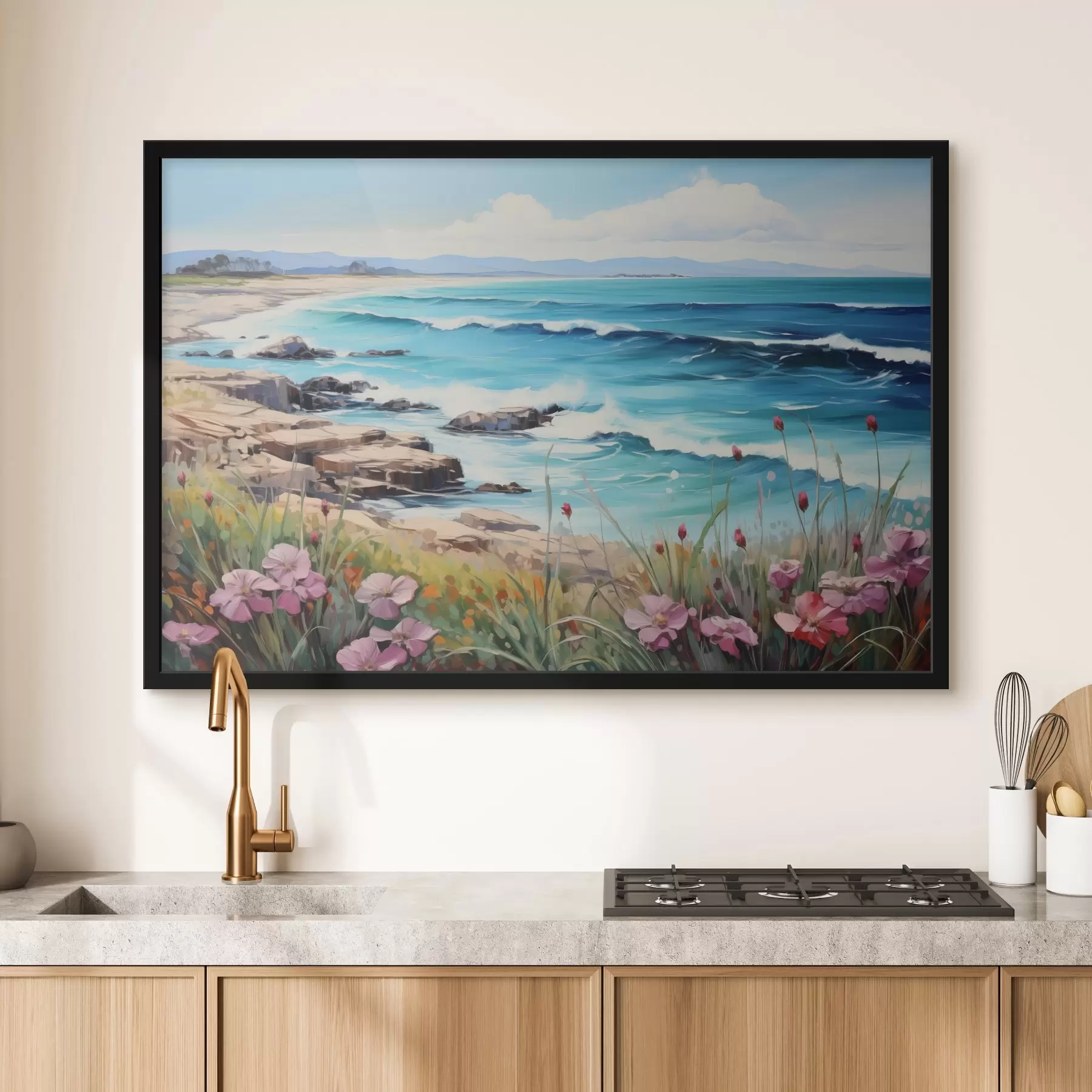 Papier peint photo Un paysage marin avec des vagues turquoise, un rivage rocailleux et des fleurs lumineuses au premier plan sous un ciel bleu clair. f42568