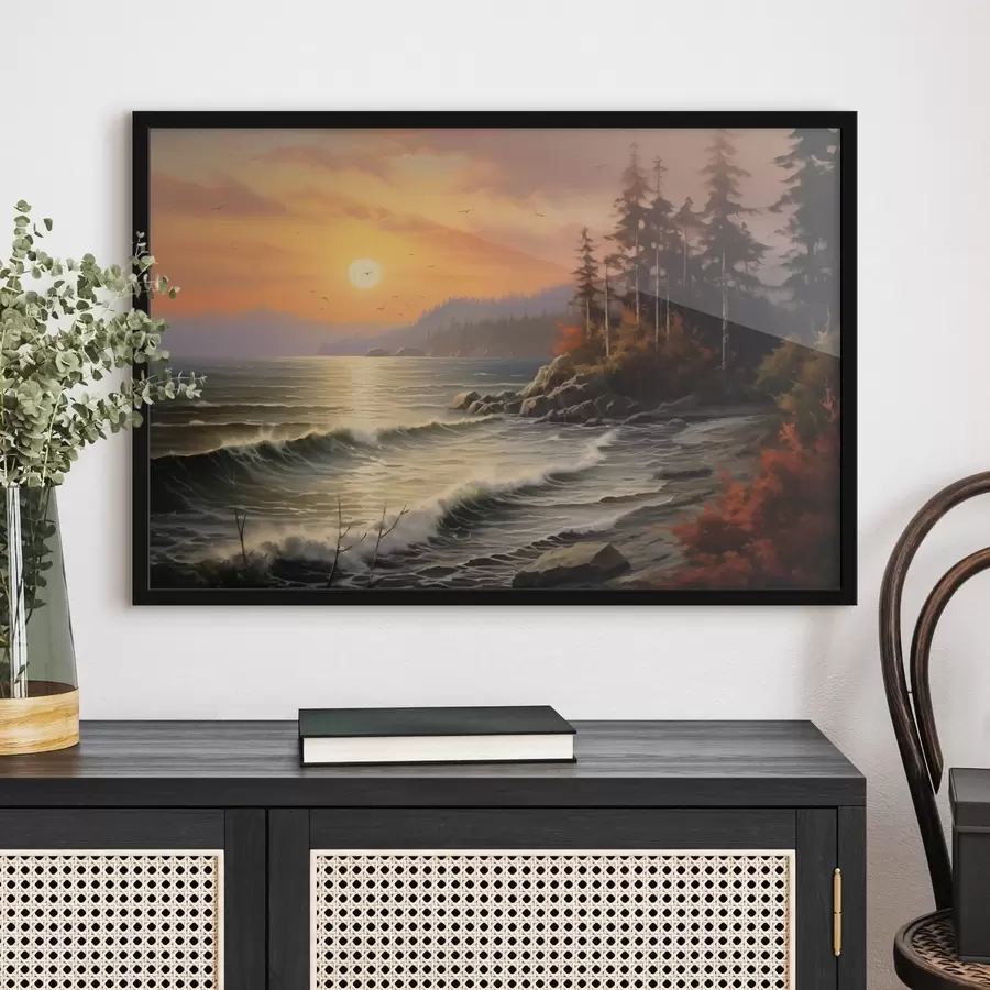 Papier peint photo Un coucher de soleil sur le bord de mer avec des vagues, une forêt de pins et des couleurs d'automne au premier plan. f42571