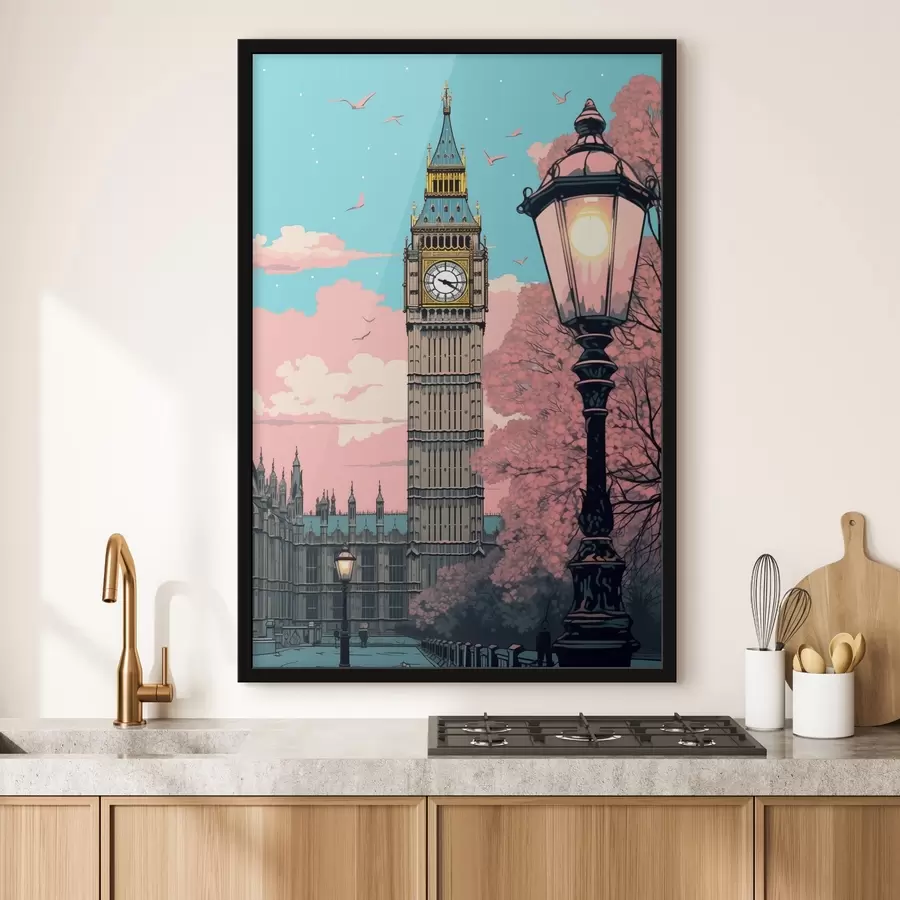 Papier peint photo Une vue de Big Ben avec des arbres roses de printemps, un ciel bleu vif et un lampadaire vintage au premier plan. f42578