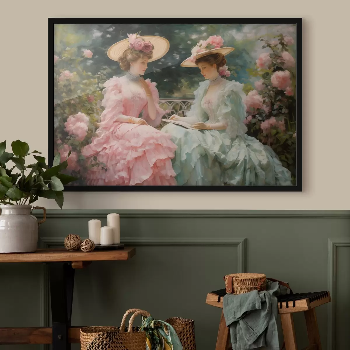 Affiche Deux élégantes femmes en robes pastel assises dans un jardin parmi des roses, lisant un livre et profitant d'une atmosphère paisible. f42582