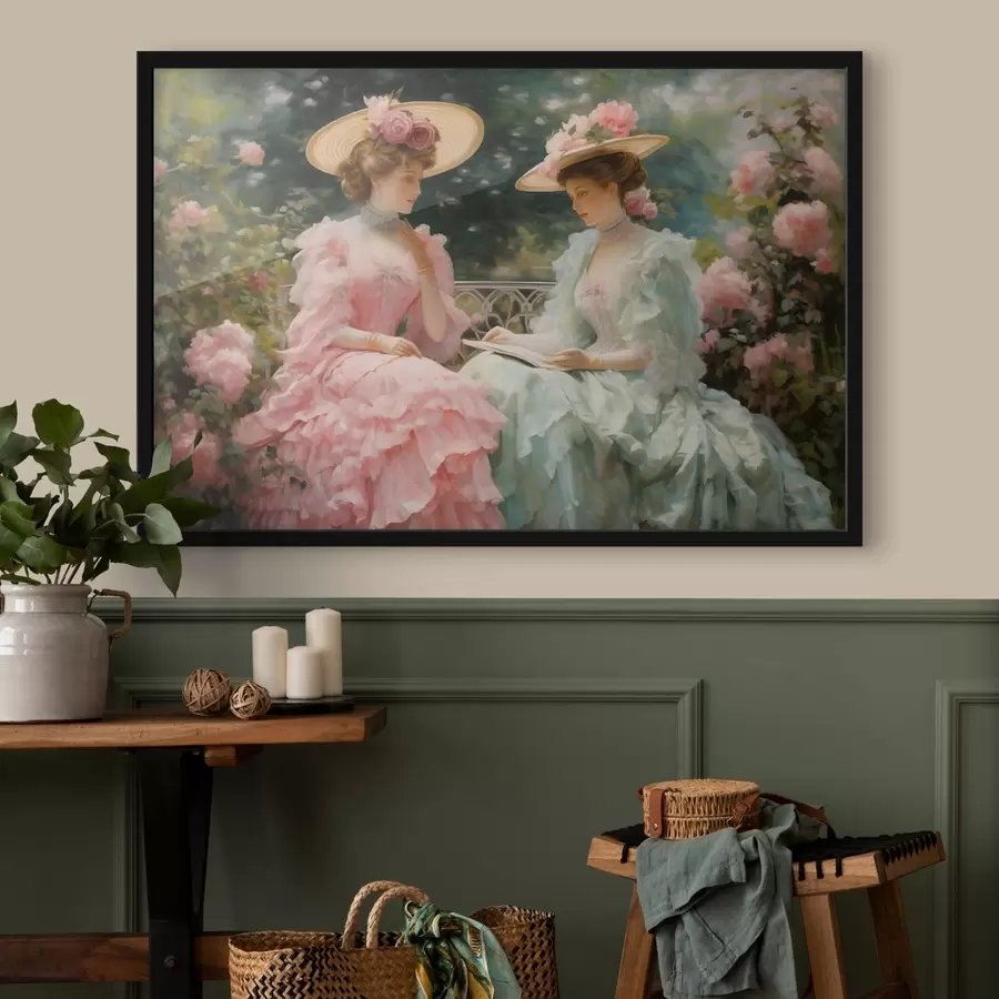 Fotobehang Twee elegante vrouwen in pastelkleurige jurken zitten in een tuin tussen de rozen, lezen een boek en genieten van een vredige sfeer. f42582