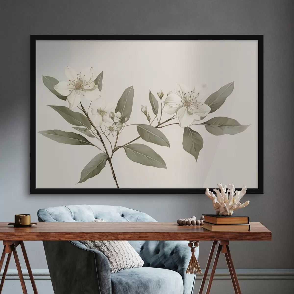 Affiche Une branche délicate avec des fleurs blanches et des feuilles vertes sur un fond clair, avec des détails doux et un style élégant. f42583