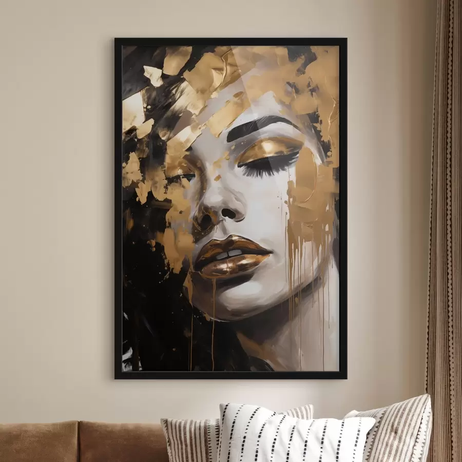 Fotobehang Een abstract portret van een vrouw met rijke penseelstreken in warme tinten, waardoor een levendig en dramatisch beeld ontstaat. f42619