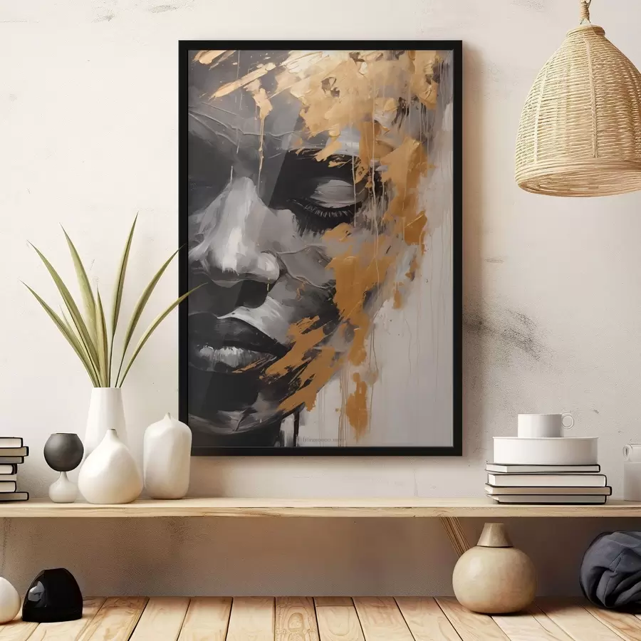 Papier peint photo Portrait abstrait d'une femme en noir et blanc avec des coups de pinceau audacieux de couleurs chaudes qui ajoutent du contraste et de la profondeur émotionnelle. f42622