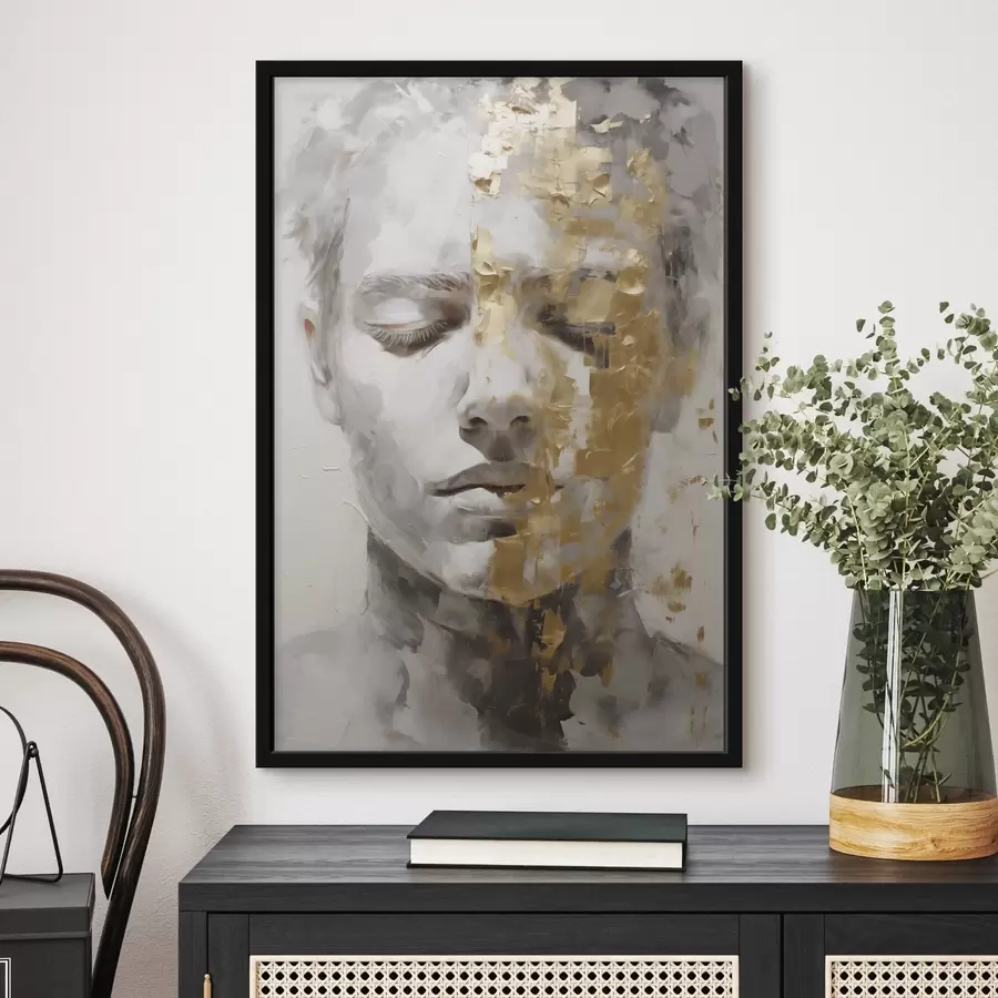 Papier peint photo Un portrait abstrait aux yeux fermés, rendu dans des tons clairs avec des coups de pinceau contrastés aux couleurs chaudes qui créent une ambiance profonde et méditative. f42624