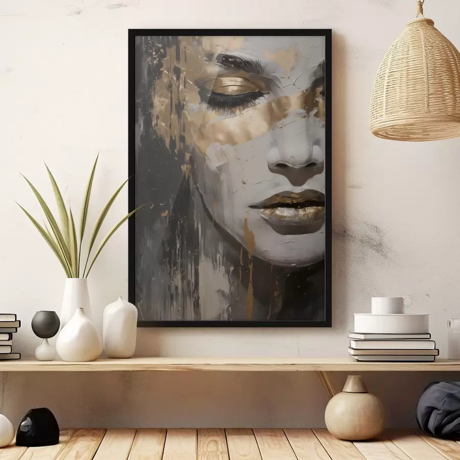 Fotobehang Een abstract portret van een vrouw met de nadruk op gesloten ogen en lippen, uitgevoerd in zwart-wit tinten met dynamische warme penseelstreken. f42626