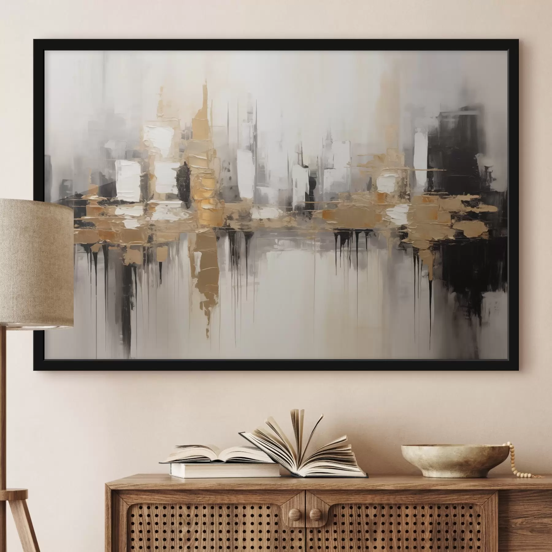 Fotobehang Een abstract stadslandschap met weerspiegelingen van gebouwen in het water, gemaakt in neutrale tinten met accenten van warme tinten. f42628