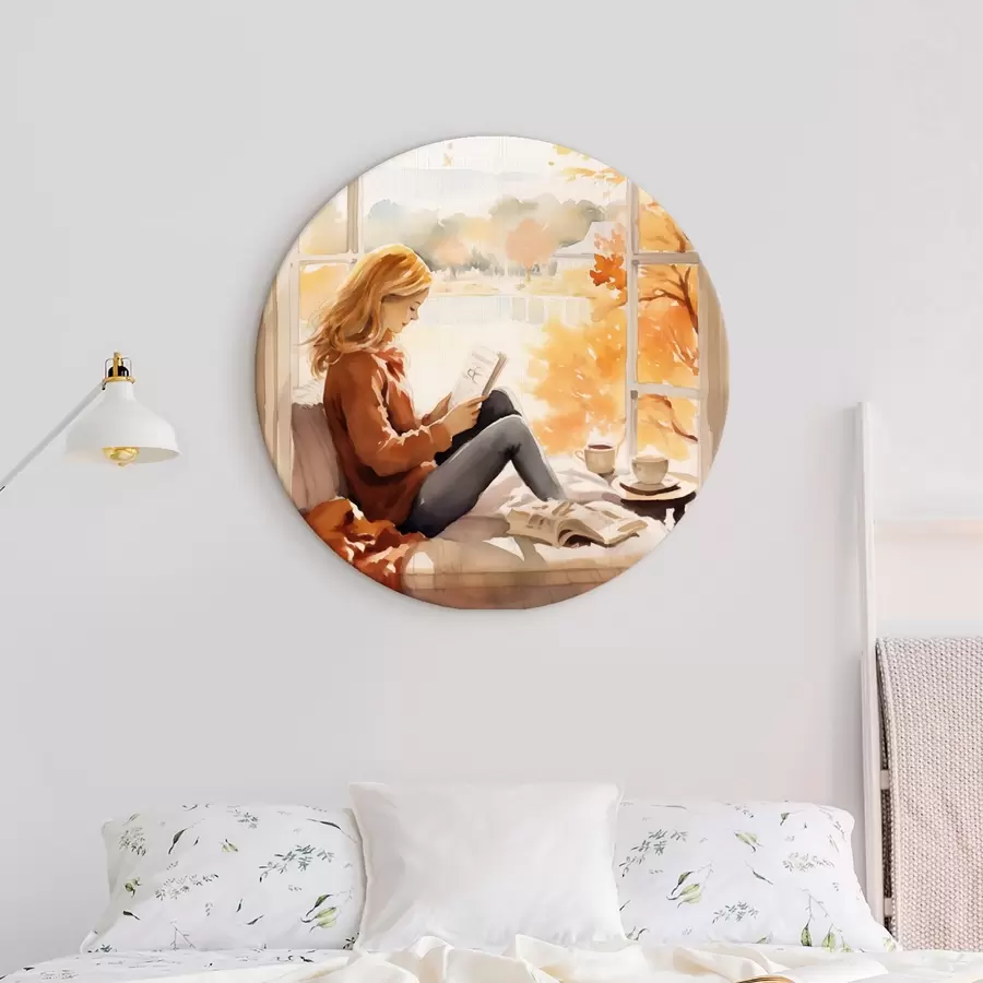  Schilderijen Een meisje dat een boek leest bij een open raam in een herfstlandschap, met lichte bomen op de achtergrond en een kopje thee in de buurt. r42572